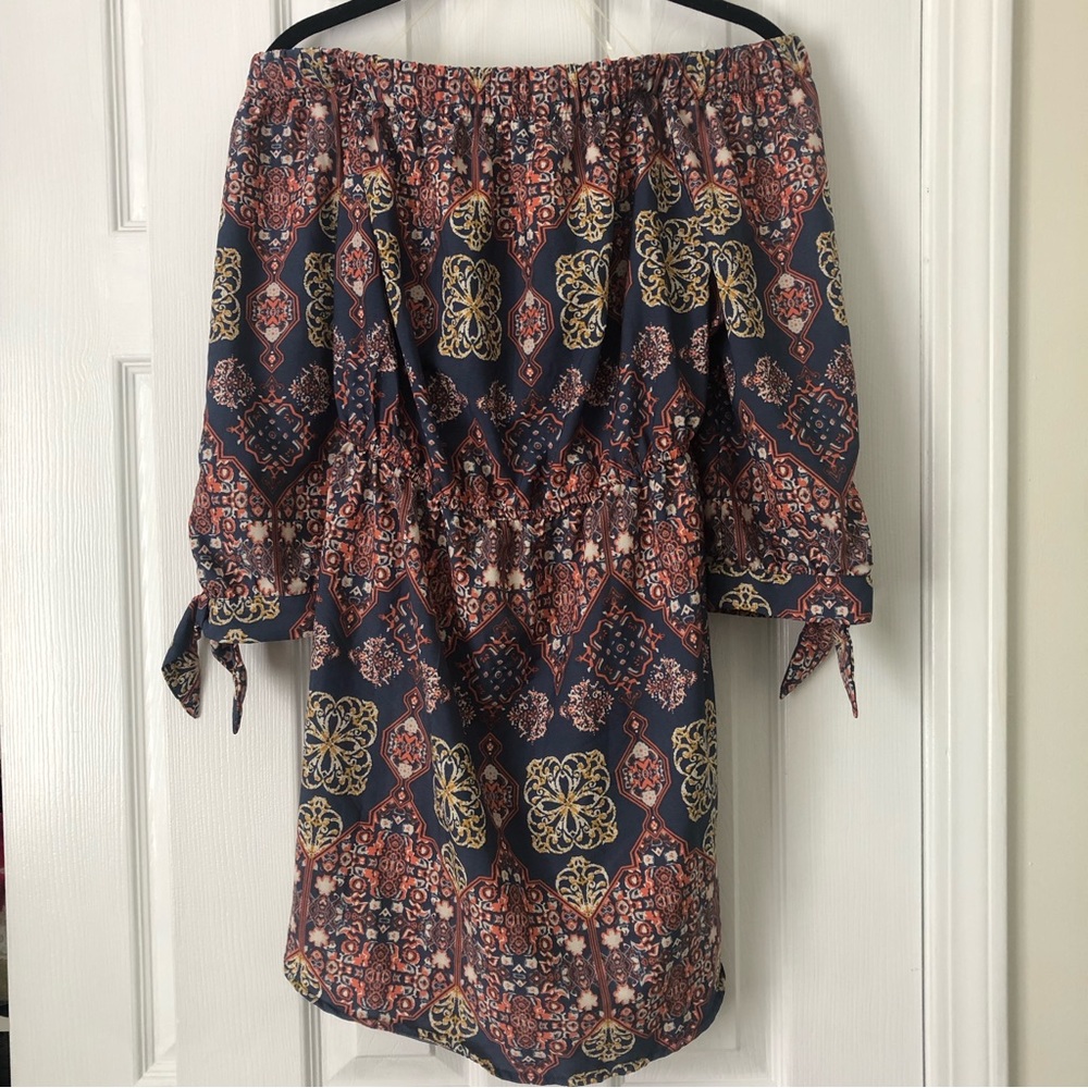 Off The Shoulder Geometric Tie Sleeve Mini Dress Orange Yellow Blue Large